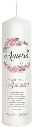 Liamoria® Taufkerze Mädchen mit Name und Datum mit Blumen in Rosa 25 cm - Modell Amelia - Personalisierte Kerze zur Taufe