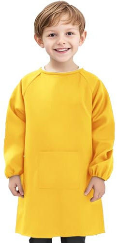 Voarge Malkittel Kinder, Malkittel Schule mit Ärmeln und Big Taschen, Nylon, wasserdicht, 8-12 Jahre, Malschürze Kinder (Gelb)