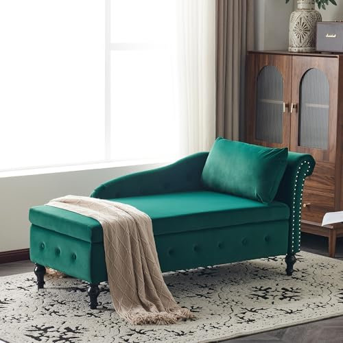 Samt Chaiselongue Sofa mit Stauraum und Kissen, Moderne ergonomische Couch für Wohnzimmer, Schlafzimmer oder Büro, Grün