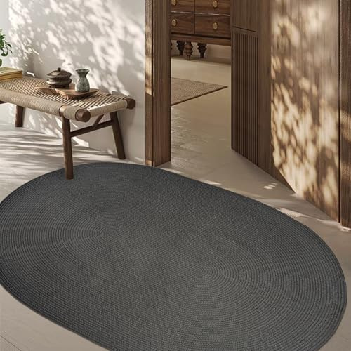 USTIDE Grauer ovaler Baumwollteppich, Landhausdekor für Eingangsbereich, Küche, handgefertigt, wendbar, waschbar, 150 x 110 cm