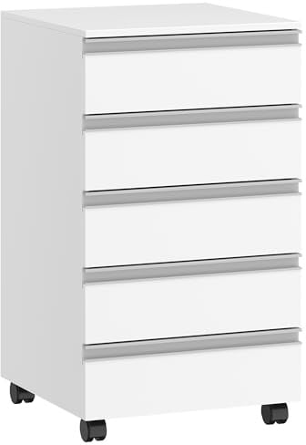 Hzuaneri Rollcontainer, mobiler Aktenschrank, Schubladenschrank mit 5 Schubladen, Lagerschrank für Büro und Homeoffice, Weiß FC55503X