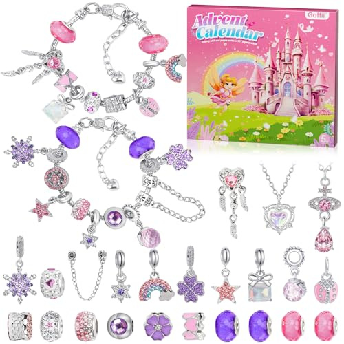Calendrier de l'Avent 2025 pour enfants, DIY filles Bijoux calendrier de Noël, avec 24 accessoires surprises bracelets et colliers pour enfants et filles de 6 à 16 ans - Rose et violet