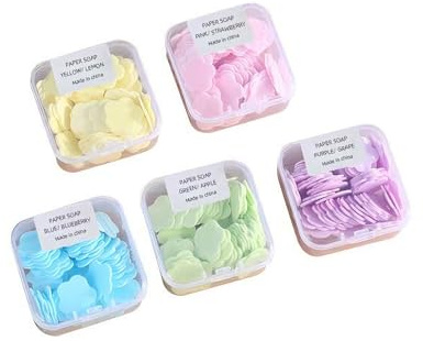 450 Pcs Portable Paper Soap Sheets, Multi-Color Fruit Scented Collection, 450 Single-Use Tablets, Pink Strawberry, Yellow Lemon, Blue Blueberry, Green Apple, Purple Grape