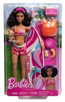 Coffret Sport pour Barbie Surf - Poupee Mannequin surfeuse, Chiot, Planche - Plage, Ocean - Set Jouet Fille 3 Ans et Carte