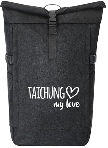 Huuraa Kurierrucksack Taichung my love Geschenk | 30-44 Liter Backpack Black Melange Fairtrade Rolltop Rucksack Geschenkidee Schwarzer Laptop-Rucksack passend für 17-Zoll