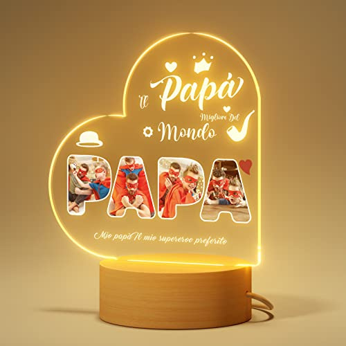 Bemaystar Regalo Personalizzato Festa del Papà - Regalo per Papà - Lampada Personalizzata con Foto e Testo - Cornice in Acrilico con Base LED Opzionale - Idea Regalo Unica e Personale