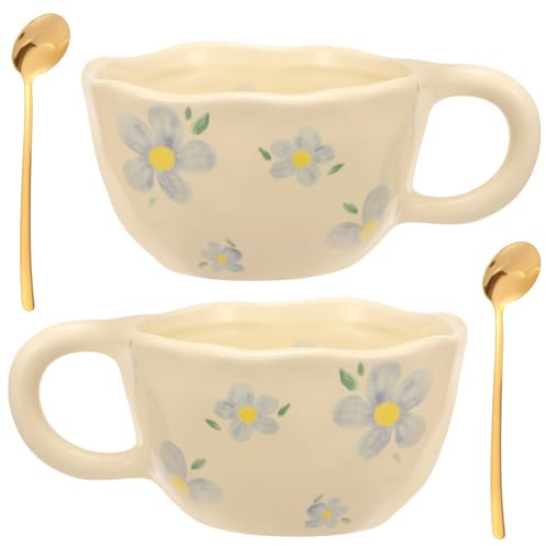 Foppla 2-Pack Ceramic Coffee Mug Set, 300ml Creative Flower Printed Tea Cups with Spoon and Handle, Aesthetic Stoneware Mugs, Microwave and Dishwasher Safe for Latte, Hot Chocolate and Tea, White
