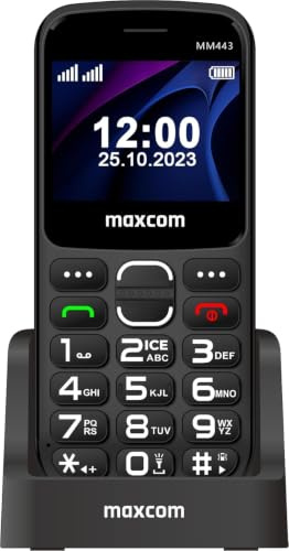 Teléfono Móvil para Personas Mayores 4G con Teclas Grandes y Botón SOS, Base de Carga, Dual SIM, Batería 1700 mAh, Pantalla 2.31, Volumen Alto, Fácil de Usar, Maxcom MM443 Negro
