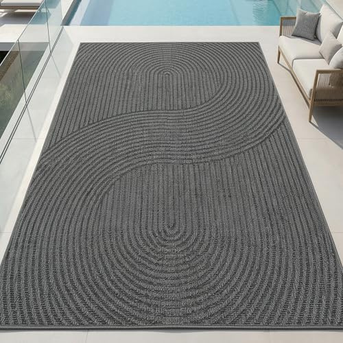 Teppich-Traum In- & Outdoor Teppich Wellenlinien Anthrazit 140x200 cm | Pflegeleicht, wetterfest, strapazierfähig, langlebig und formstabil, für Terrasse, Balkon, Garten, Wohnbereich & Flur