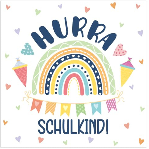 100 Stück Servietten Einschulung Regenbogen 33x33 cm | Hurra Schulkind! 2026 Schulanfang Deko, Tischdeko für Mädchen und Jungen, ideal für Einschulungsparty