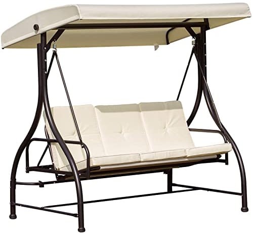 Outsunny 3 Seater Canopy Swing Chair Porch Hammock Heavy Duty 2 in 1 Garden Bench Lounger Bed with Metal Frame, Removable Cushion - Cream White