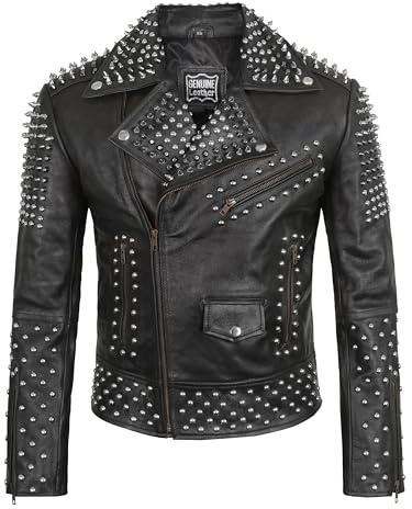 III-Fashions Herren Brando Biker Rock Punk Nieten Spike schwarz Motorrad Rindsleder Jacke