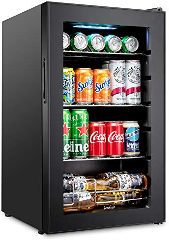 Ivation 101 Can Beverage Refrigerator , Freestanding Ultra Cool Mini Drink Fridge , Beer, Cocktails, Soda, Juice Cooler for Home and Office , Reversible Glass Door and Adjustable Shelving - Black,IVABC1010B