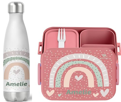 wolga-kreativ Personalisiertes Set Mepal Brotdose rosa und Trinkflasche Regenbogen Herz für Jungen und Mädchen - Bento Lunchbox mit Fächern und Unterteilung Geschenk Schule Kindergarten