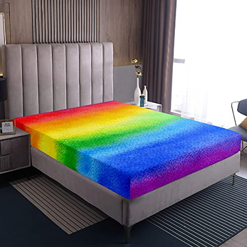 Regenbogen Bedruckte Bettwäsche Abstrakt Aquarell Spannbetttuch Set Pastell Bunt Spannbetttücher für Kinder Teens, Luxus Raumdekoration Bettwäsche Dekor Set, 140x200x30