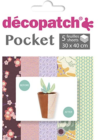 Decopatch Décopatch DP025C - Packung Déco Pocket mit 5 Blatt 30x40 cm in 5 verschiedenen Designs, praktisch und einfach zum Verwenden, ideal für Ihre Pappmachés und Bastelprojekte, 1 Pack