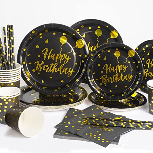 Yidaxing Stoviglie Festa Compleanno Piatti Cartone Oro Nero, 120pcs Stoviglie Tavola Compleanno Oro Nero, 24 Piatti Ospiti Tazze Cannucce e Tovaglioliper Matrimoni Feste Baby Shower