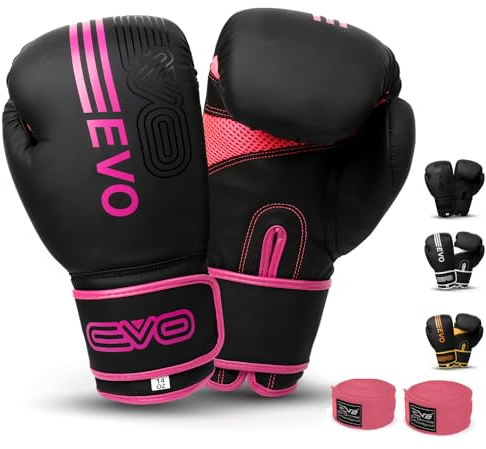 EVO Fitness Matte Black Boxing Gloves MMA Muay Thai Martial Arts Kick Boxing Sparring Training Fighting Men Punch Bag Women Pink Gloves With Hand Wraps (Pink, 10 OZ)
