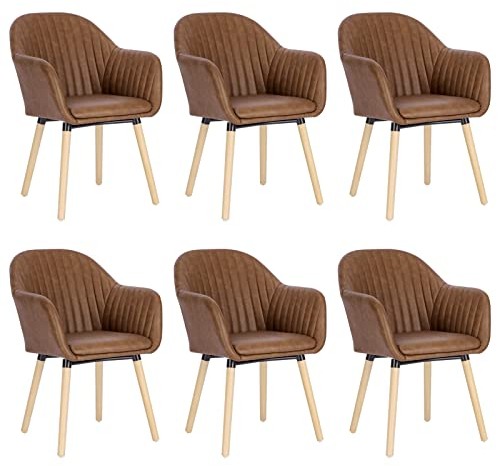 WOLTU Esszimmerstühle 6er Set Küchenstuhl Wohnzimmerstuhl Polsterstuhl Design Stuhl mit Armlehne Kunstleder Massivholz Braun BH336br-6