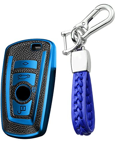KUNIO Autoschlüssel Hülle Passt für BMW 1er 2er 3er 4er 5er 6er F10 F12 F20 F25 F30 X3 X4 M3 M4 M5 3GT 5GT TPU Leder-Textur Schlüsselanhänger Schlüssel Gehäuse Schutzhülle Blau