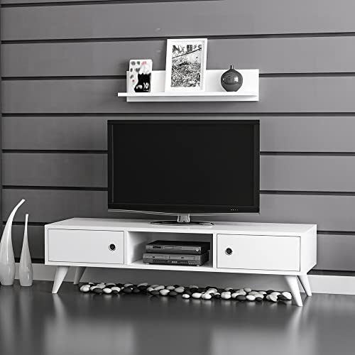 [en.casa] TV Schrank Egebjerg Lowboard mit Wandregal TV Board mit 2 Türen Fernsehtisch mit Stauraum Wohnzimmer Weiß