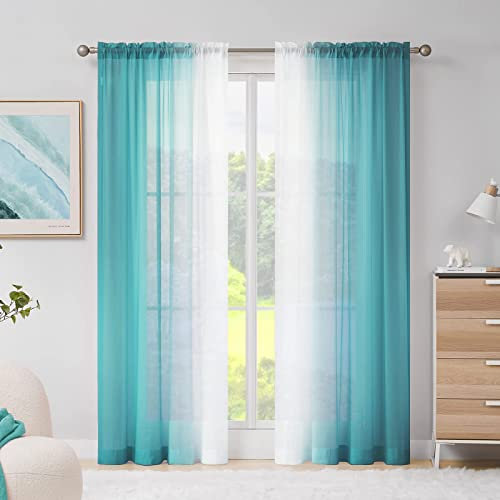 Melodieux Gardinen mit Kräuselband Ombre Transparent Vorhänge für Wohnzimmer 2er Set, 175x140cm Blau Grün