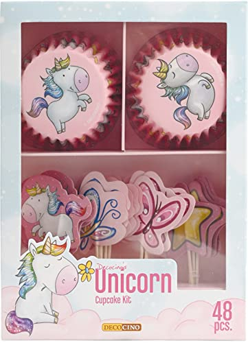 DECOCINO Juego de magdalenas Unicorn de 48 piezas, 24 moldes para cupcakes con diámetro de 5 cm y 24 adornos de papel para magdalenas, decoración ideal para cumpleaños infantiles y fiestas temáticas