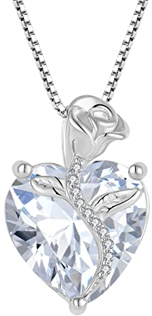 FJ Collier Pierre de Naissance Avril pour Femme Argent Sterling 925 Collier Fleur Rose Coeur Bijoux Cadeaux pour Maman Épouse Femme Fille