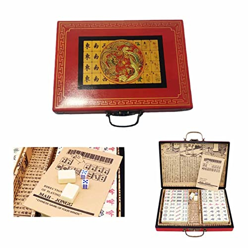 MIXBEL Mahjong Game, 144-Teiliges Mahjong-Reise-Set, Mahjong, Tragbar, Mit Antikem Lederetui und Anweisungen, Familienspiel, Um Die Langweilige Zeit Zu Verbringen, Lustiges Spiel Für Erwachsene
