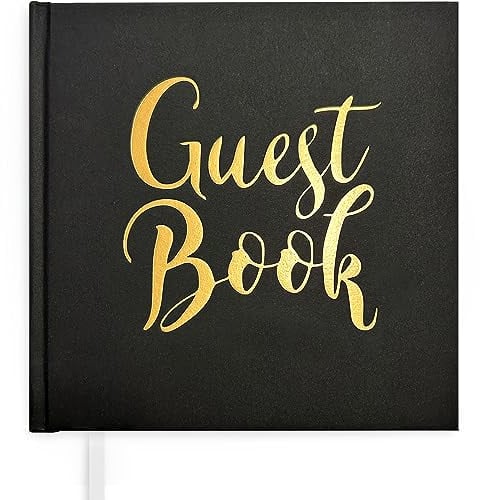 Plantvibes ® Black Elegant Guest Book, 72 Pages, Hardcover, Premium Thick Paper, Vintage Guest Book for Wedding, Christening or Birthday, Wedding Guest Book (Black/Gold English)