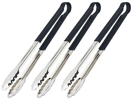 Relaxdays Pinze per Barbecue e Spaghetti, Set da 3, Acciaio, Manico Antiscivolo, Lungo 40 cm, Griglia e Cucina, Nero