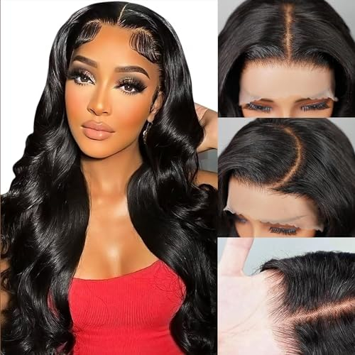Perücke Damen Echthaar Upgraded Bleached knots Body Wave 13x4 Pre Cut Lace Front Wigs Human Hair 200% Denisty Brazilian Human Hair Pre Plucked with Baby Hair Glueless Wigs Natural Black Color 24 Zoll