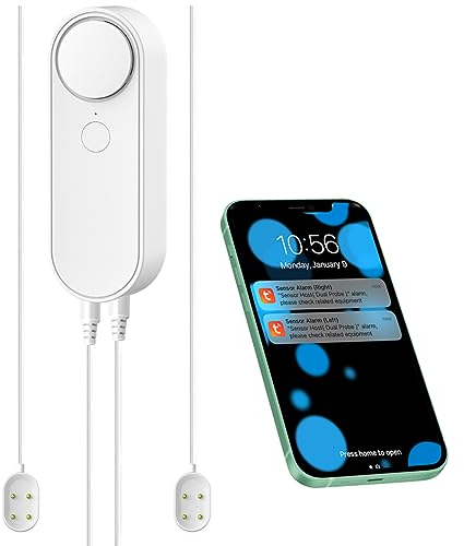 Détecteur de fuite d'eau WiFi avec double échantillon, alarme de capteur d'eau intelligente, ligne de détection double 5 m, double alarme à gauche et à droite, surveillance à distance, double alertes,