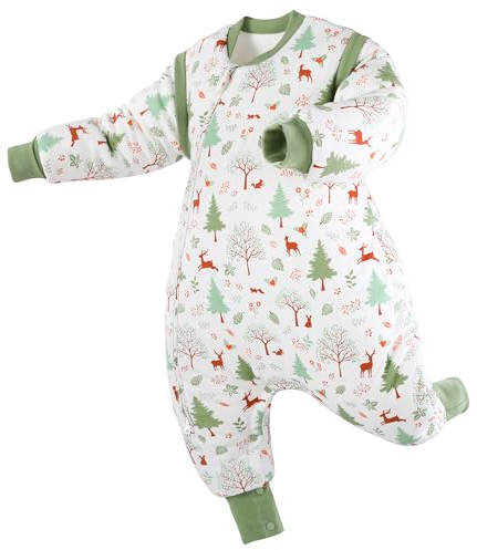 Looxii Baby Schlafsack Winter mit Füßen Baumwolle Winterschlafsack 3.0 Tog Warm Babyschlafsack mit Beinen Schlafsäcke Neugeborene für Herbst Winter Grüner Wald 70 cm