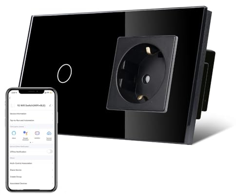 TAWOIA Normaler Steckdose mit Smart Wlan Lichtschalter (Neutralleiter erforderlich) Glasscheibe, Sprachsteuerung für Alexa, kompatibel mit Smart Life und Tuya App 1Fach 1Weg Schwarz