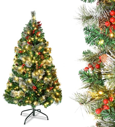 YRHome 150cm Künstlicher Weihnachtsbaum mit Beleuchtung 8 modi Tannenbaum Grün PVC Christbaum für Weihnachten Dekoration mit Tannenzapfen,Tannennadel & Tannennadel Klappsystem Faltbarem Ständer