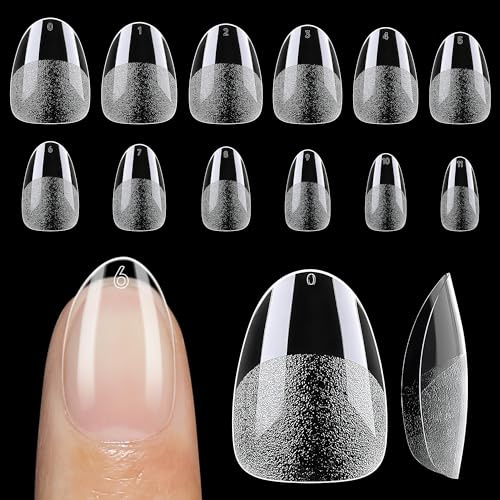 UNA GELLA Lot de 120 faux ongles extra courts en forme d'amande - 12 tailles - Gel souple transparent - Couvrance complète - Faux ongles en acrylique - Pour extensions de salon de bricolage