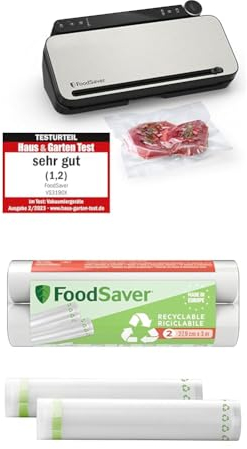 FoodSaver Mehrzweck-Vakuumiersystem für Lebensmittel | mit Handheld-Vakuumiergerät, 1 Vakuumrolle, 4 Vakuumbeuteln & 4 Zip-Beuteln | Silber mit schwarzen Akzenten + Plastic, Recycelbare Beutel