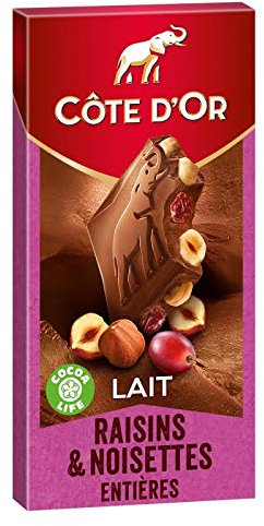 CÔTE D'OR - Chocolat Au Lait Raisins Noisettes 180G - Quatre Articles