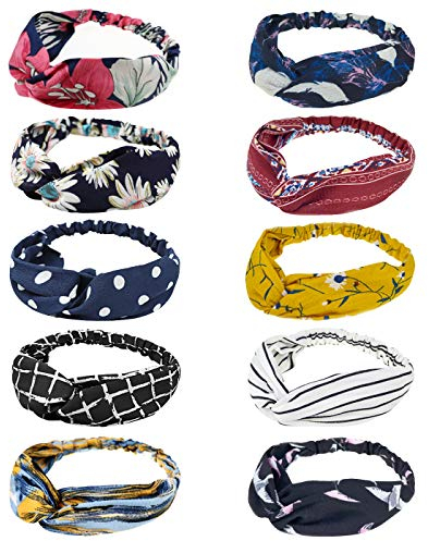 DRESHOW 10 PCS Boho Bandeaux pour Femmes Vintage Fleur Imprimé Criss Cross Noué Élastique Bande De Cheveux Élastique Tête Enveloppe Twisted Mignon Accessoires