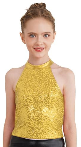 FEESHOW Mädchen Glitzernde Tank Top Neckholder Pailletten Tank Shirt Oberteil Kinder Party Tanz Shirt Sport Dancewear Gold 170