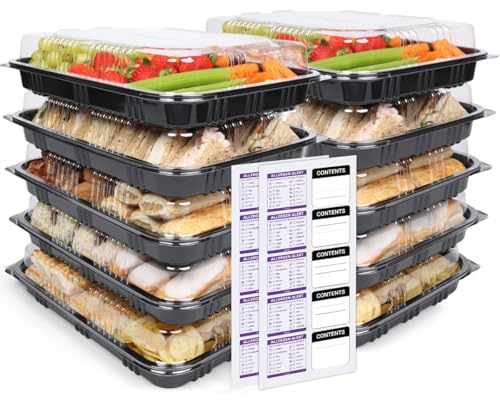 Kitchenella Bandejas de sándwich con tapas, bandejas de plástico reutilizables para catering para aperitivos, pasteles, sushi, alergias alimentarias y etiquetas de contenido incluida