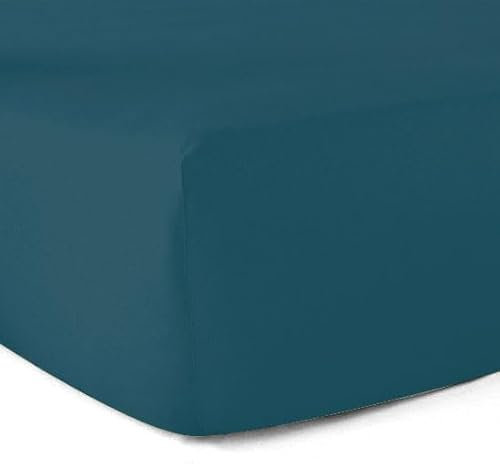 Drap-Housse 100% Coton 57 Fils - Bleu Canard - 180 x 200 cm - Bonnet 30 cm