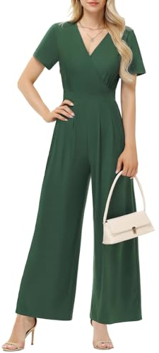 Tanmolo Damen Jumpsuit Elegant Sommer Kurzarm V-Ausschnitt Overall Weites Bein Romper Mit Taschen Dunkelgrün, M