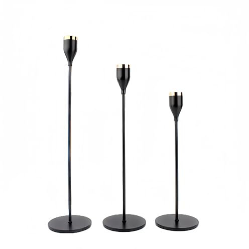 [Cadzyre] Kerzenhalter 3-teiliges Set, 33/28/23 cm Stab kerzenständer schwarz,Metall Kerzenhalter Stab Kerze, Candlelight Dinner, Wohnkultur, Hochzeit (3, schwarz Gold)