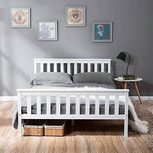 Jovify 4ft 6 Double Bed In White Solid Pine Wooden Double Bed Frame Perfect For Adults Kids Teenagers Day Bed Fitted Slats Strong Support Legs With Smooth Finish, 190 x 135 cm