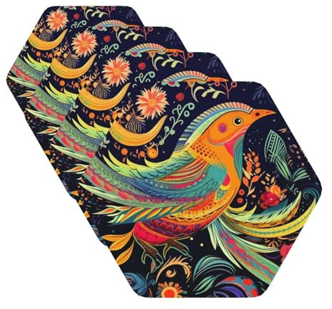 Untersetzer im Ethno-Stil mit Vögeln für Getränke, 4 Stück, rutschfeste Leder-Untersetzer, hitzebeständig, Getränkeuntersetzer für Tischschutz, saugfähige Tassenmatte für Couchtisch, Dekoration,