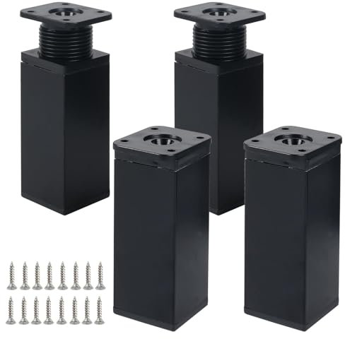 Luabue 4 Pièces Pieds de Meubles Réglables Pied de Table Metal Pied de Meuble Noir 10cm avec 16 Vis Pieds pour de Meuble Cuisine Armoires Table Réglables (Noir, 10m)