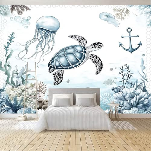 Fotomural 400 x 280 cm Papel pintado tejido no tejido Murales Decoración Pintura De Acuarela Tortugas Marinas Medusas Sala Cuarto Oficina Pared Decoración Azul Claro Moderna Fondo De Pantalla Murales
