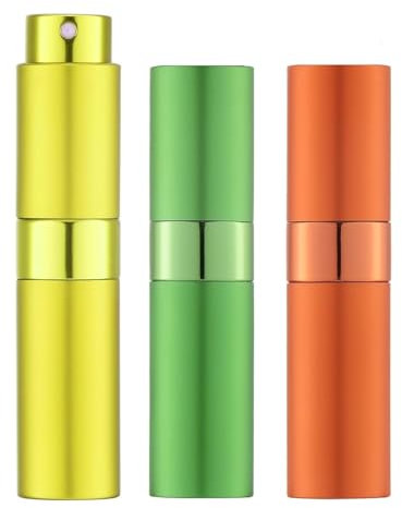 Toureal 8ML Parfum Zerstäuber Leer (3 Stück) Mini Spruehflasche, Parfüm Behälter, Parfümzerstäuber Nachfüllbar (Gelb, Grün, Orange)